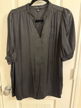 Ann Taylor Black Satin Split-Neck Puff Sleeve Tunic